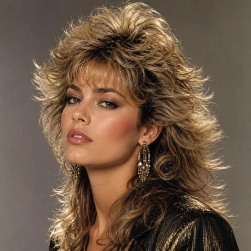 Retro-inspired 80s wolf cut hairstyle for women featuring voluminous layered texture and an iconic 1980s fashion aesthetic.