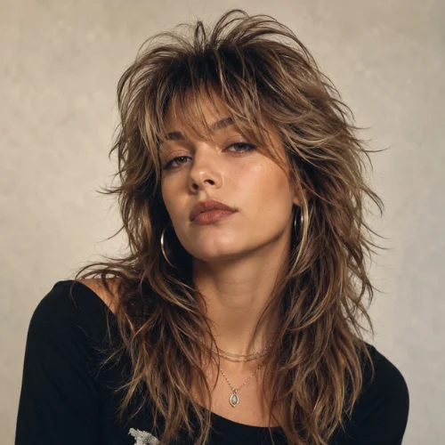 Retro-inspired '90s wolf cut hairstyle for women featuring voluminous layered texture and an iconic 1990s aesthetic.
