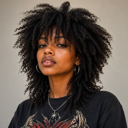 Beautiful Black woman with a voluminous Afro Wolf Cut featuring layered curls, textured bangs, and a modern natural hairstyle.