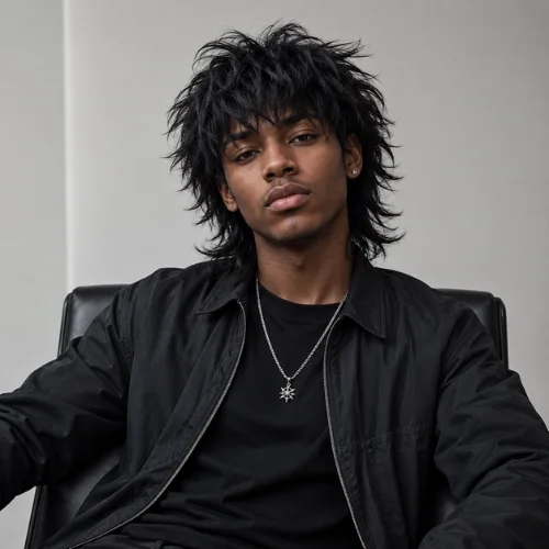 Black man with a choppy wolf cut hairstyle sitting on a chair facing the camera