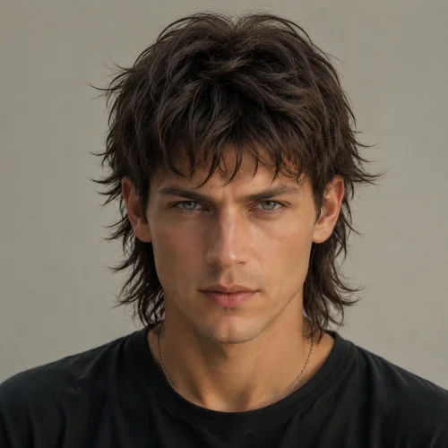 Shaggy Wolf Cut Men hairstyle featuring a handsome front-facing male model with textured layered hair, attractive eyes, and a modern shaggy wolf cut.