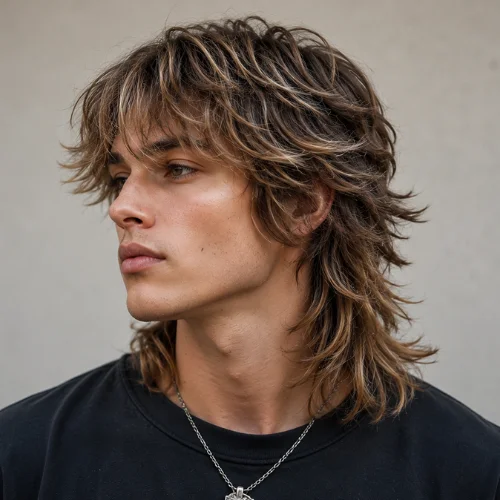 Handsome white man with a waterfall wolf cut hairstyle featuring long layered hair, feathered bangs, and a modern textured finish.