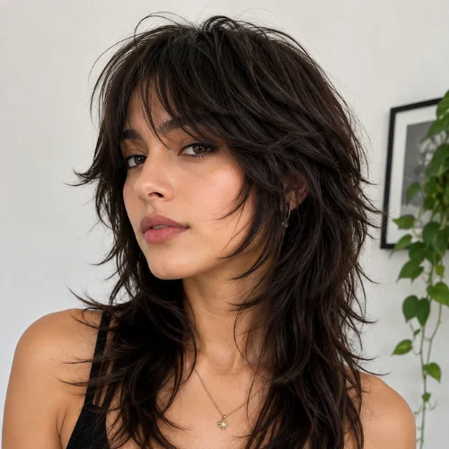 Beautiful woman with a trendy Wolf Cut Mujer hairstyle featuring soft layered hair, curtain bangs, and natural texture.