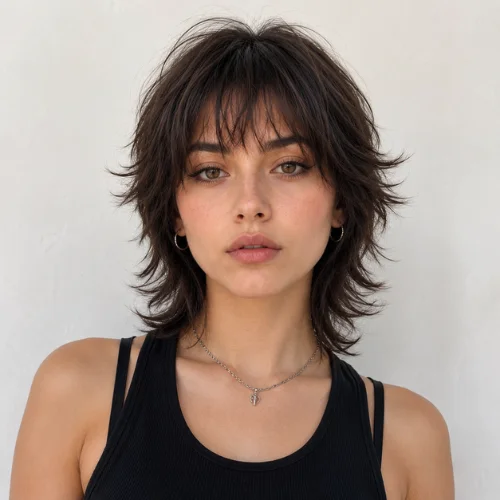 Beautiful young woman with a Bixie Wolf Cut hairstyle featuring short layered hair, wispy bangs, and textured volume in a front-facing portrait.