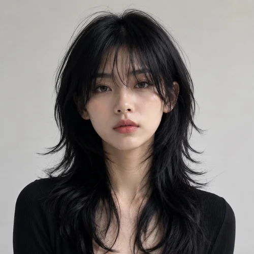 South Korean woman with a black wolf cut hairstyle featuring soft layered hair and curtain bangs