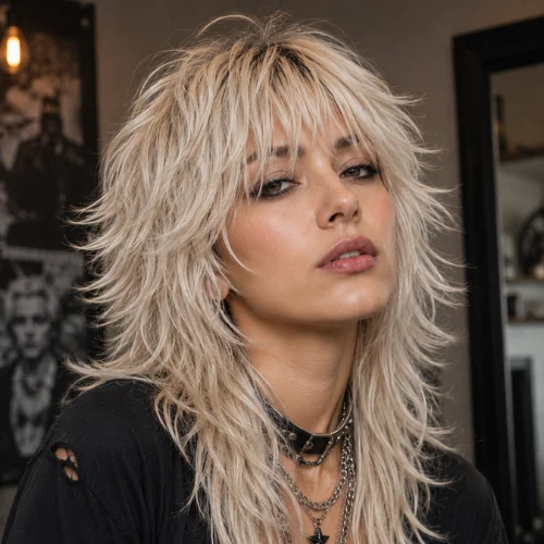 Bleached wolf cut women hairstyle with platinum blonde layered hair and textured bangs
