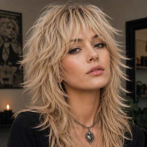 Blond wolf cut women hairstyle with layered blonde hair and feathered bangs