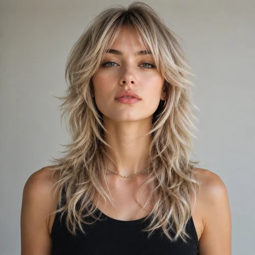 White woman with a blonde wolf cut hairstyle featuring layered hair and curtain bangs