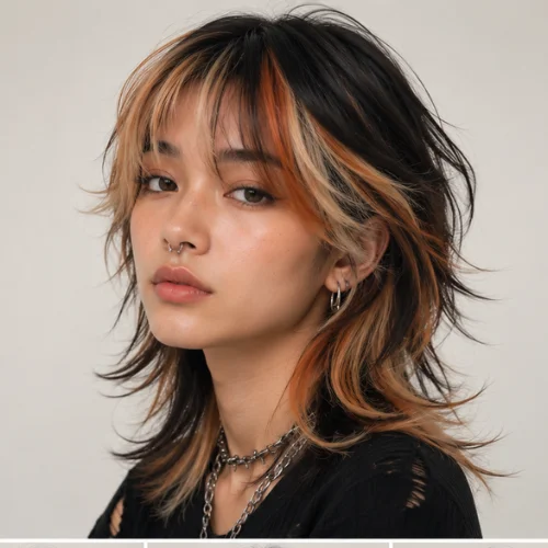 Woman with a calico hair wolf cut featuring black, copper, and blonde hair color