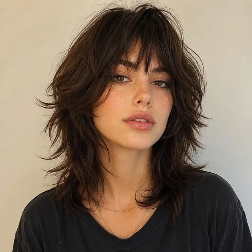 Classic Wolf Cut hairstyle with soft textured layers and feathered bangs on a woman