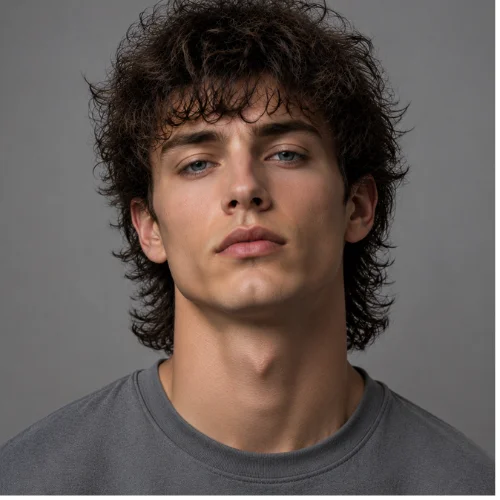 Curly Wolf Cut Men hairstyle featuring a male model with natural curly hair in a front-facing pose and layered wolf cut.