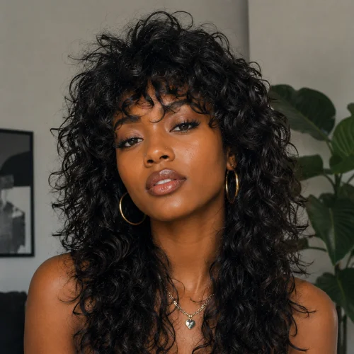 Black woman with a curly wolf cut hairstyle featuring voluminous curls and layered texture