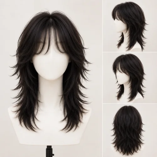 Cute wolf cut hairstyle with soft layered hair and wispy bangs