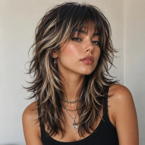 Dyed wolf cut hairstyle for women featuring textured layers, dimensional hair color, and a modern voluminous finish.