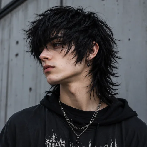 Young man with an emo wolf cut hairstyle featuring shaggy black layers, long side-swept bangs, and a textured mullet-inspired back.