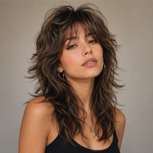 Fluffy wolf cut hairstyle for women featuring soft, voluminous layers and a naturally textured modern finish.
