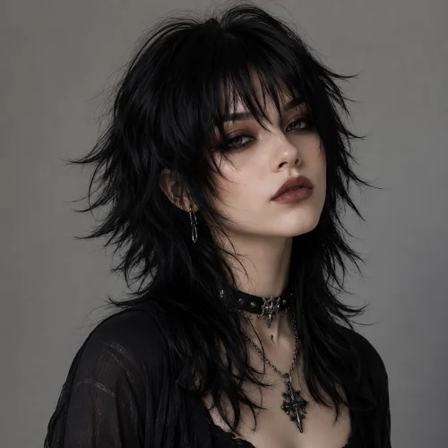 Woman with a goth wolf cut hairstyle featuring jet black layered hair and wispy bangs