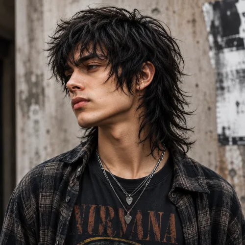 Young man with a grunge wolf cut hairstyle featuring messy layered hair, long textured bangs, and a mullet-inspired back.