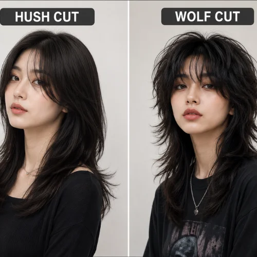 Side by side comparison of hush cut and wolf cut hairstyles for women
