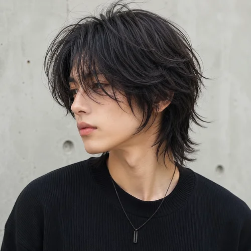 Japanese Wolf Cut for men with soft layered hair and textured fringe