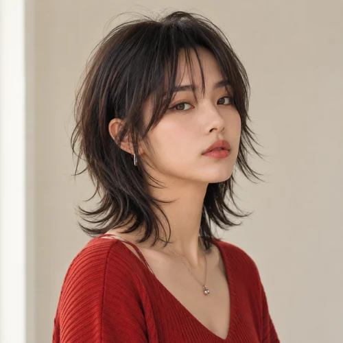 Korean short wolf cut hairstyle on a woman with soft textured layers and wispy bangs