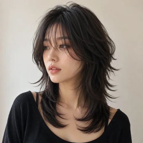 Korean Wolf Cut hairstyle for women with soft layered hair and wispy curtain bangs