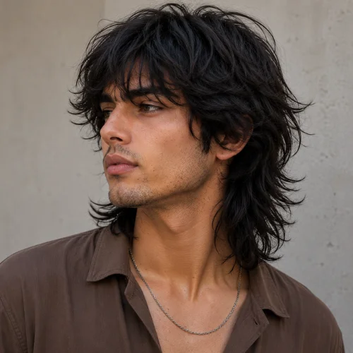 Male model with a layered wolf cut hairstyle featuring textured layers and natural volume