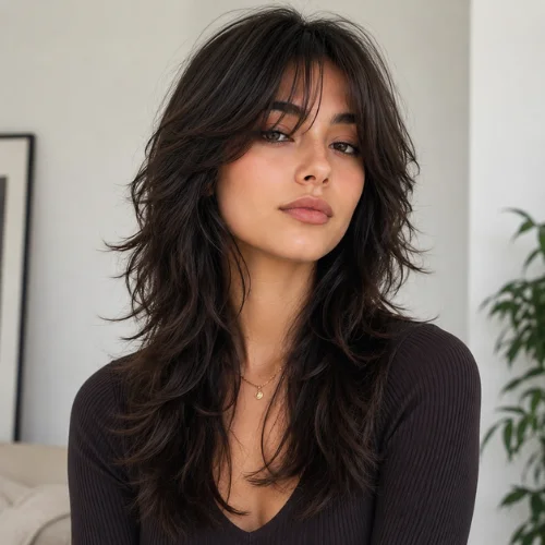 Layered wolf cut women hairstyle with feathered layers and curtain bangs