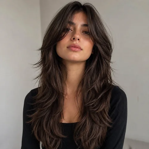 Long wolf cut women hairstyle with soft feathered layers and curtain bangs