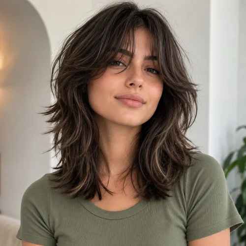 Medium length wolf cut women hairstyle with textured layers and curtain bangs