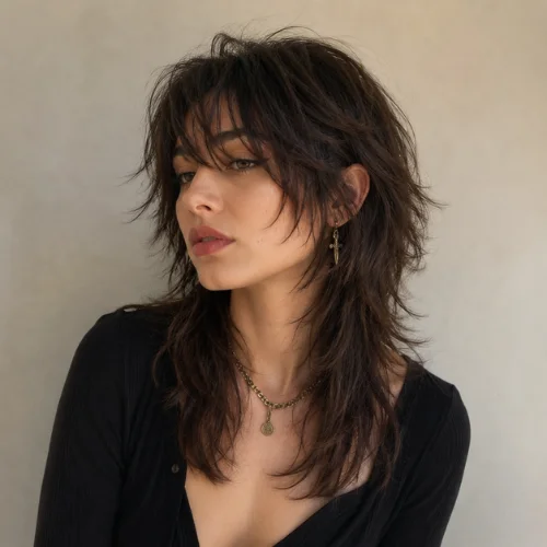 Modern mullet wolf cut hairstyle for women with textured layers, soft volume, and a stylish contemporary look.