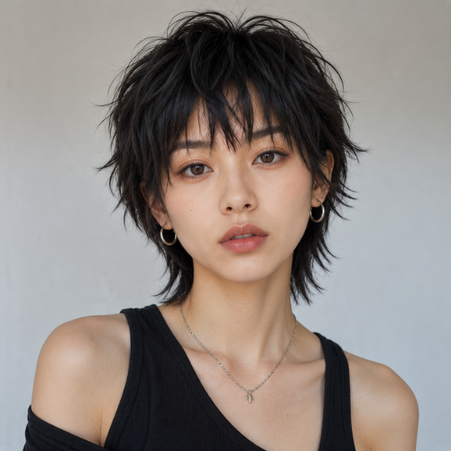 Beautiful Asian woman with a trendy Pixie Wolf Cut hairstyle featuring short textured layers, wispy bangs, and natural volume in a front-facing portrait.