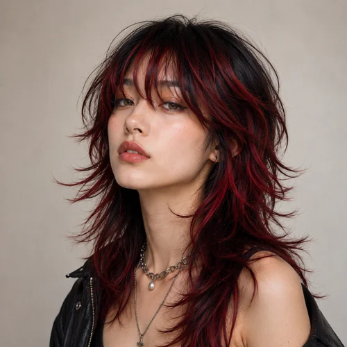 Woman with a red wolf cut hairstyle featuring vibrant layered red hair