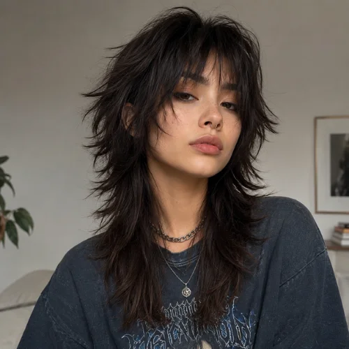 Shaggy wolf cut women hairstyle with choppy layers and textured bangs