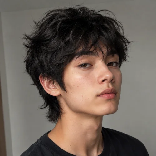 A natural-looking male model with a short fluffy wolf cut hairstyle featuring soft textured layers and effortless volume.