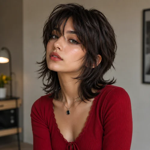 Beautiful woman with a modern short wolf cut hairstyle and textured layers