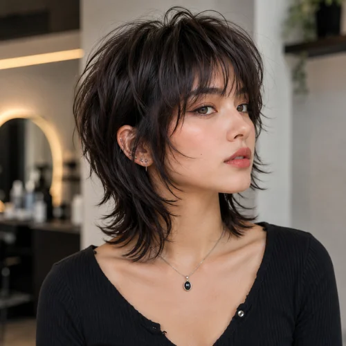 Short wolf cut haircut with textured layers and feathered ends
