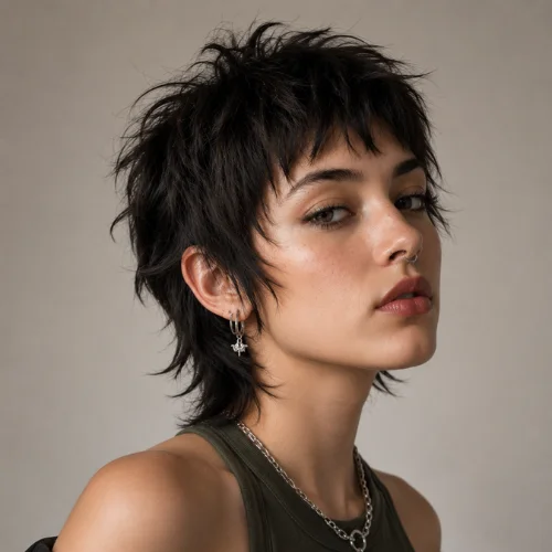 A woman showcasing a stylish short wolf cut hairstyle with textured layers, wispy bangs, and a modern fashionable look.