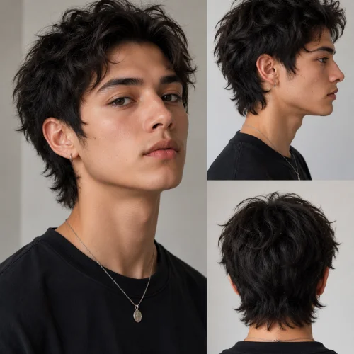 A stylish male model with a short wolf cut hairstyle without bangs, featuring textured layers and a clean, modern look.