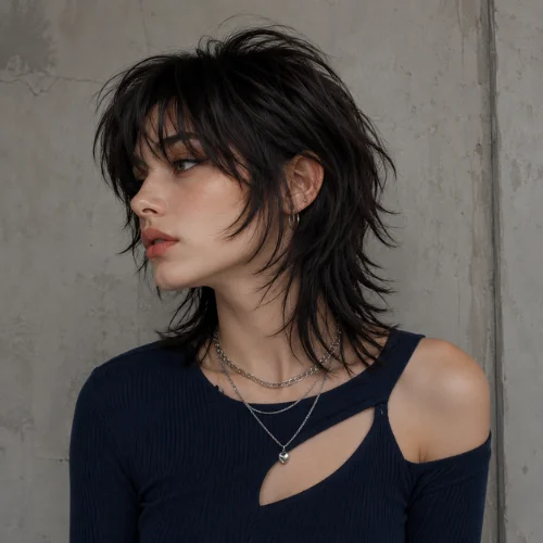 Short wolf cut with bangs featuring textured layers and soft wispy fringe