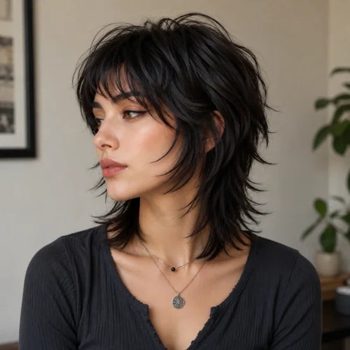 Short wolf cut with layers featuring textured hair and soft feathered ends