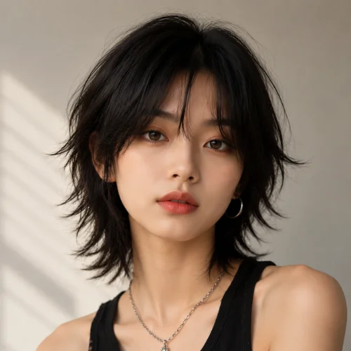 Short Wolf Cut Women featuring a Chinese-inspired female model with a short layered wolf cut, soft textured hair, and a front-facing pose.