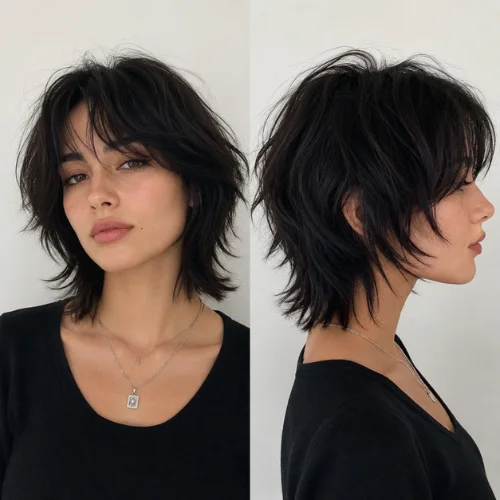 Short wolf cut hairstyle for women featuring textured layers and a modern chic look.
