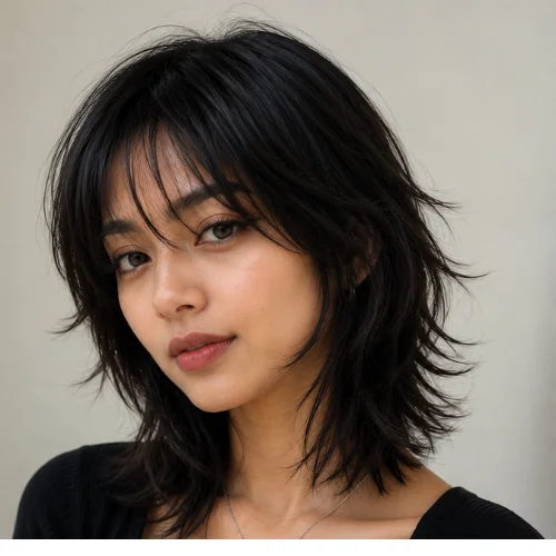 outheast Asian woman with a short wolf cut hairstyle featuring textured layers and wispy bangs