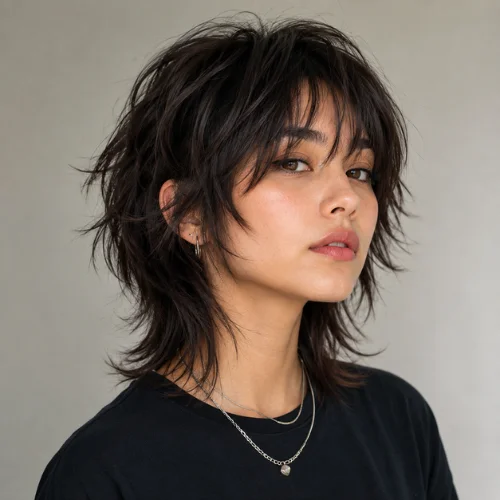 Short wolf cut hairstyle with textured layers and wispy bangs