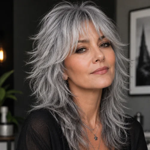 Silver wolf cut women hairstyle with layered silver hair and feathered bangs