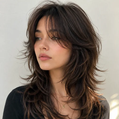 Young woman with a soft wolf cut hairstyle featuring layered hair and curtain bangs