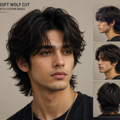 Soft Wolf Cut With Curtain Bangs hairstyle for men featuring soft layered hair, face-framing curtain bangs, and natural texture in a modern hairstyle reference.