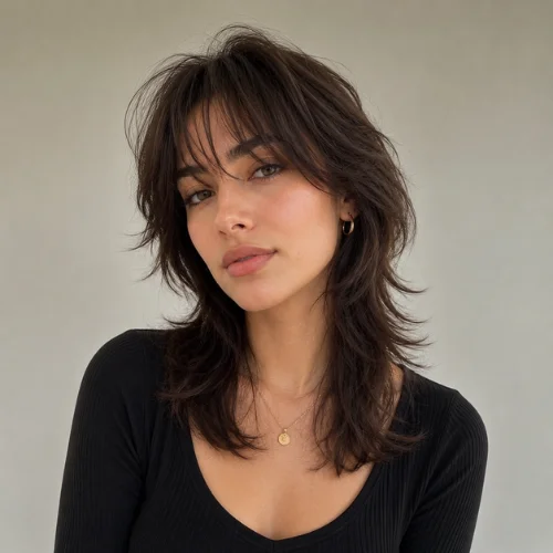 Soft wolf cut hairstyle for women with delicate layered texture and a naturally voluminous look.