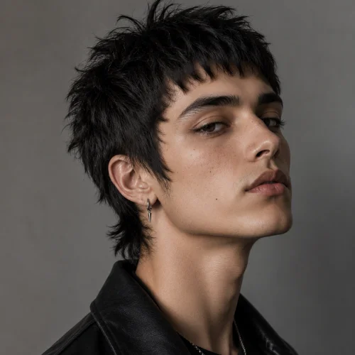 An attractive male model featuring a super short wolf cut hairstyle with textured layers and a modern edgy look.